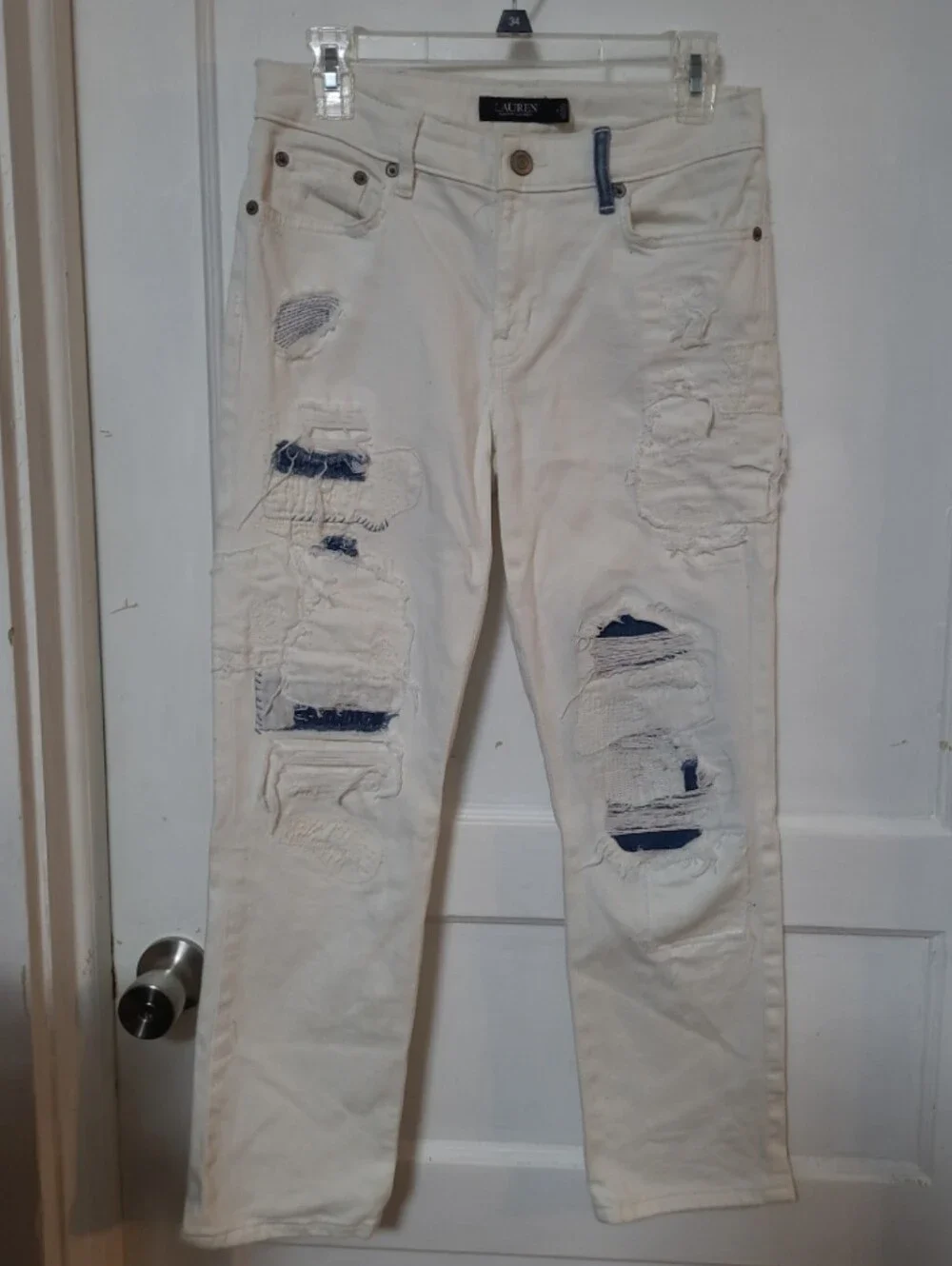 Ralph Lauren Ivory Distressed Patchwork Jeans 4 SMALL